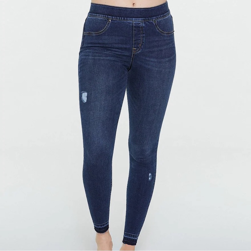 Spanx Distressed Denim High Rise Elastic Waist Jeggings